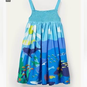 Mini Boden Smocked Sun Dress. Girls 8-9y Aqua Blue Reef Scene